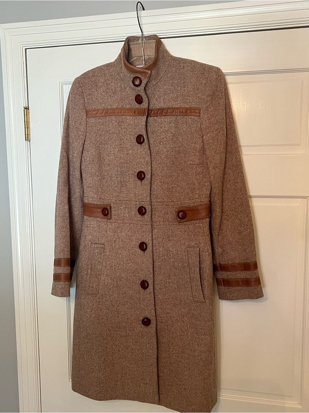 Vintage KORS Michael Kors Brown Lambs Wool Leather-Trim Military Style Coat